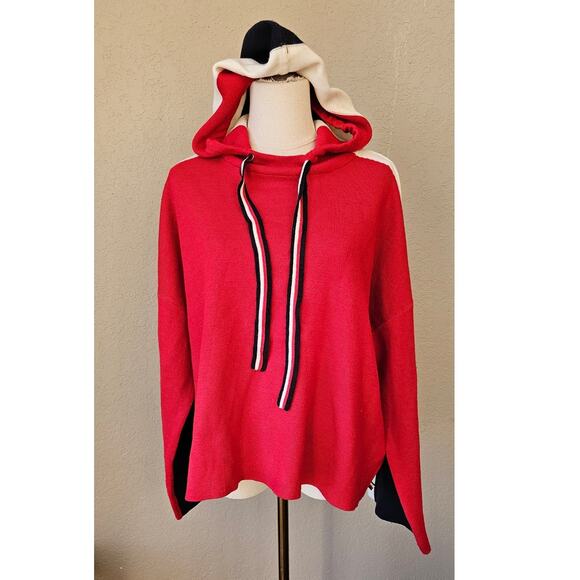 Tommy Hilfiger Colorblock Oversized Red Hoodie Sweater Logo Sleeve Women Size L - Picture 2 of 9
